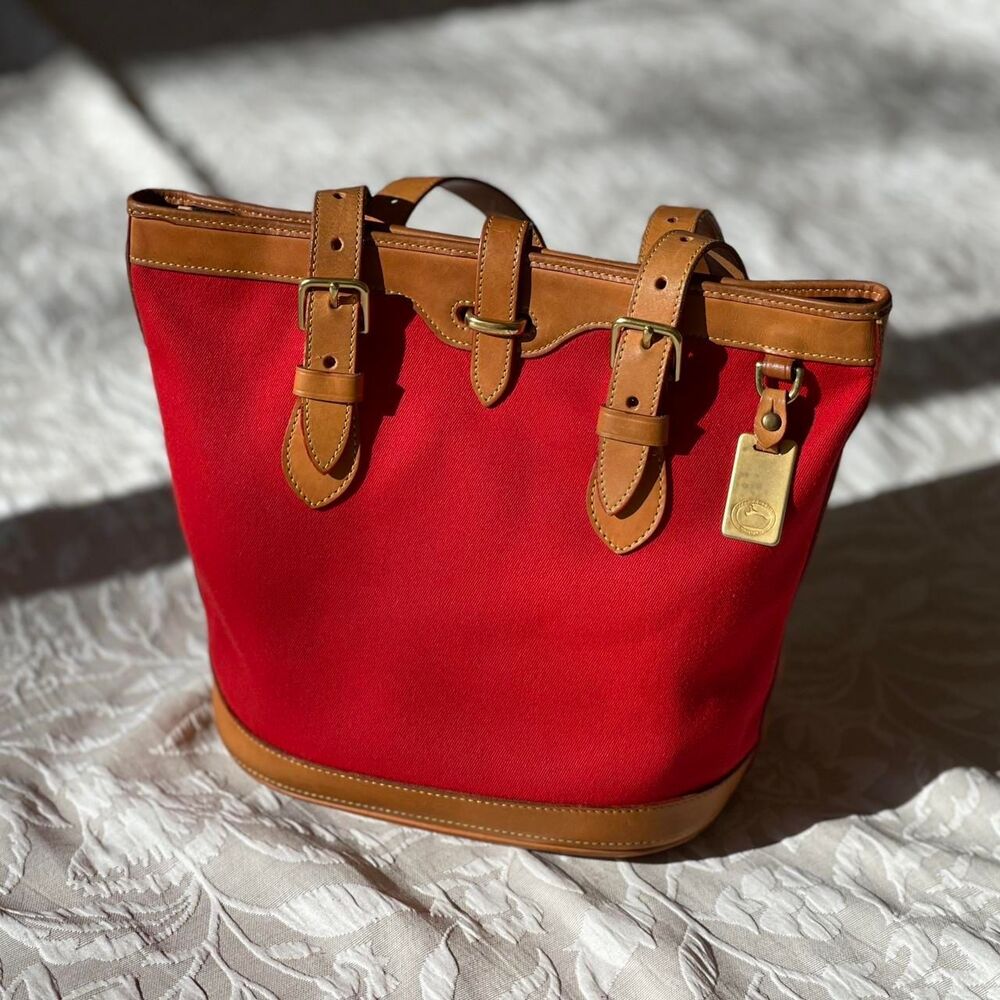 Rare Vintage 90s Dooney & Bourke Cabriolet Red Canvas Leather Trim Bucket Bag - Picture 3 of 13